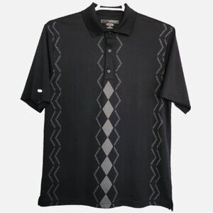Greg Norman PlayDry Mens Polo Medium Short Sleeve Polyester Black Gray Geometric